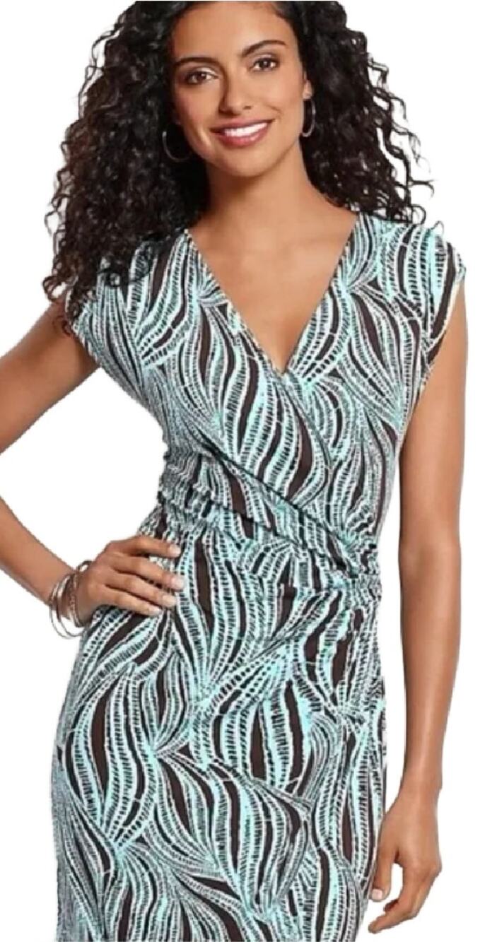 TOMMY BAHAMA Sands Aswirl Jersey Faux Wrap Dress Size XL Aqua Brown Casual